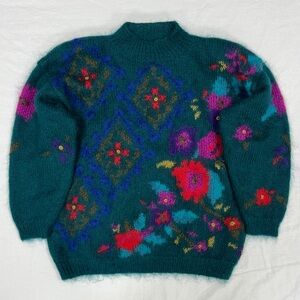 Vintage Hand Knit Sweater Floral Flower Print Heavyweight Pullover  Wool Mohair